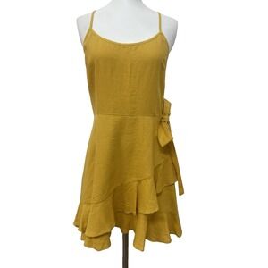 SPEECHLESS Ruffled Adjustable Spaghetti Strap A-Line‎ Yellow Mini Dress Linen M